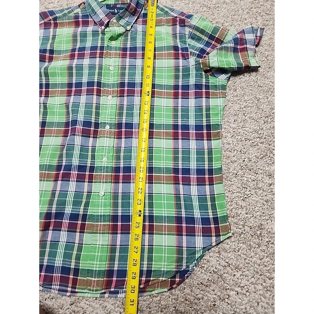 Ralph Lauren Shirt Men L Green Pink Multi Plaid Button Up Classic Fit Short Slee